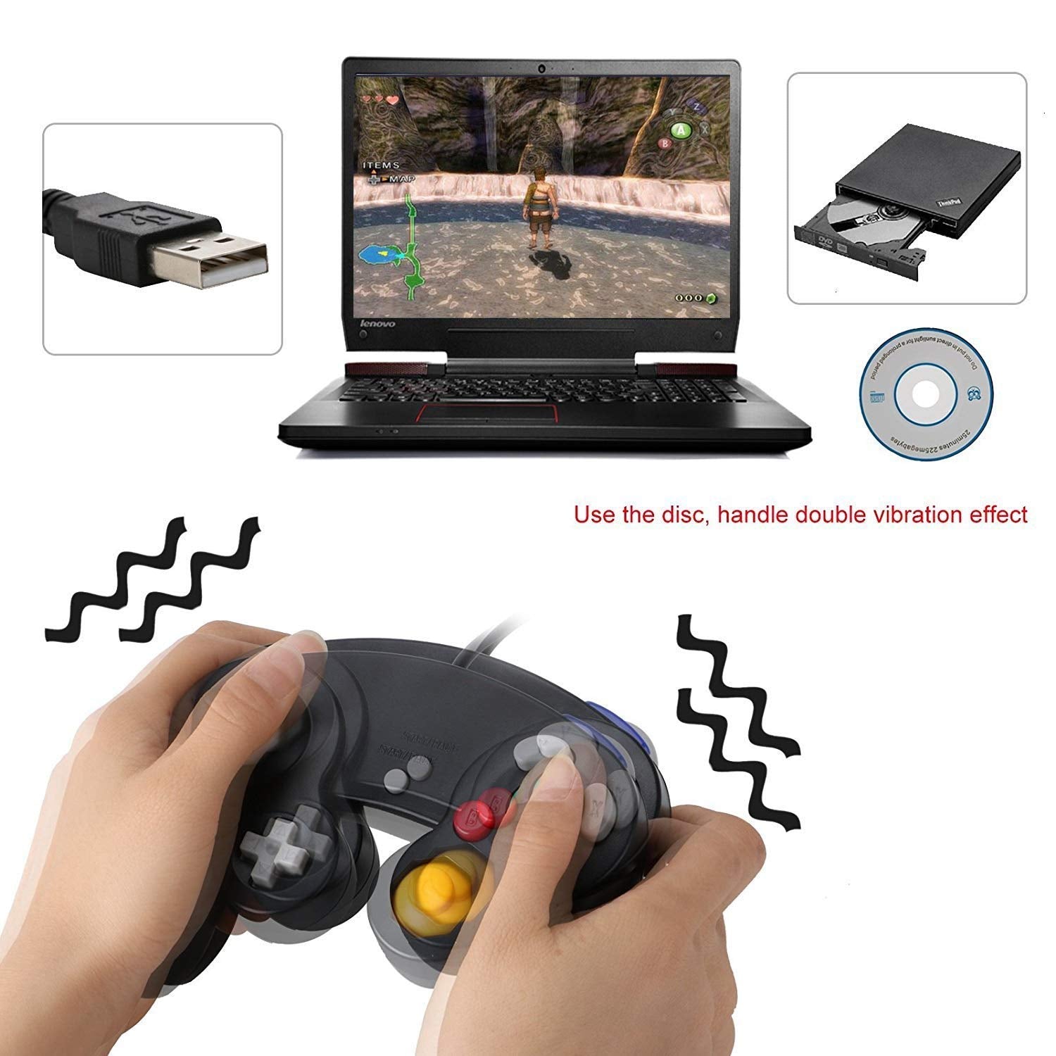 GC Controller - Replacement for GameCube Controller, Compatible with Wired USB for GameCube and PC (Windows 7/8/10) - Black